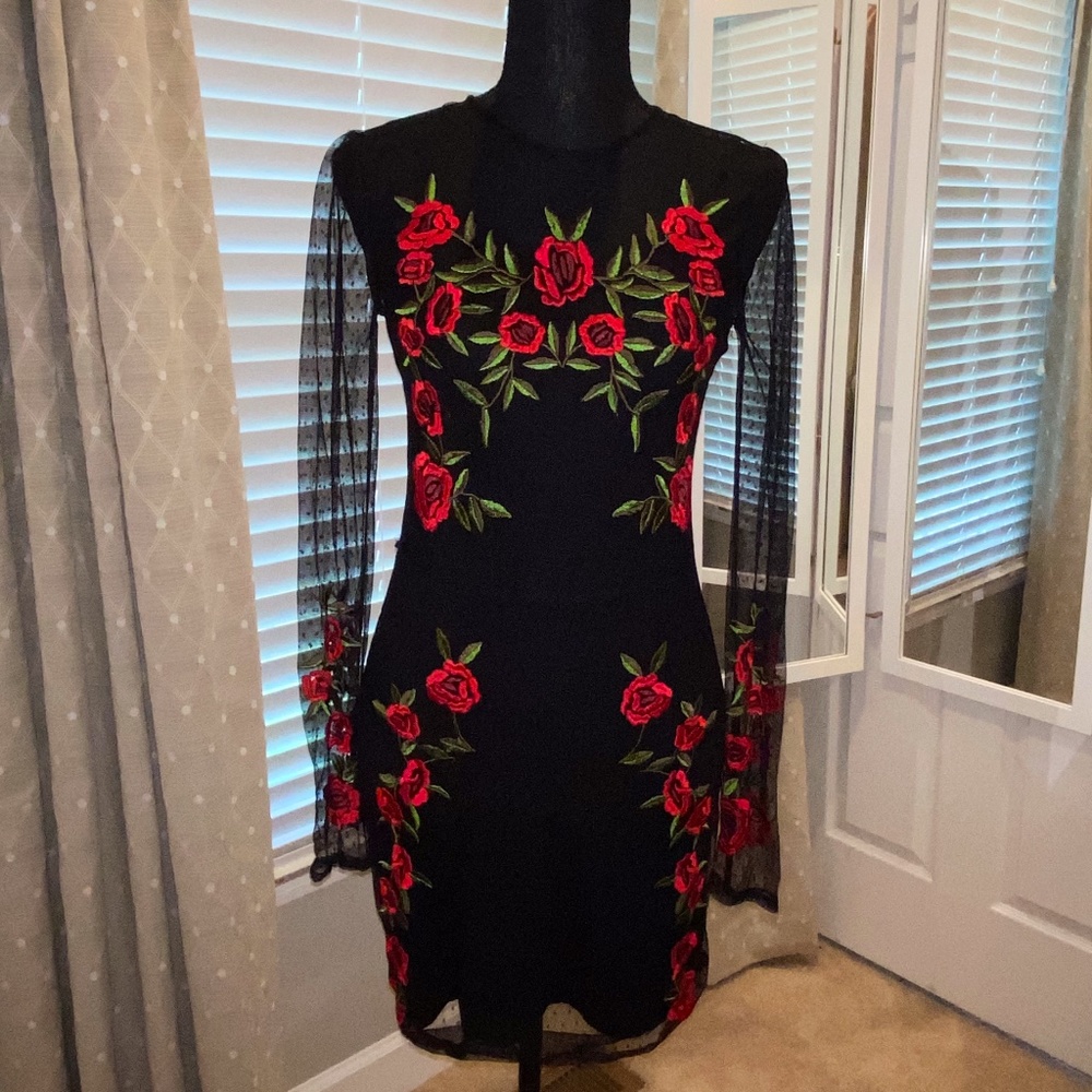 Black mini dress with red flowers